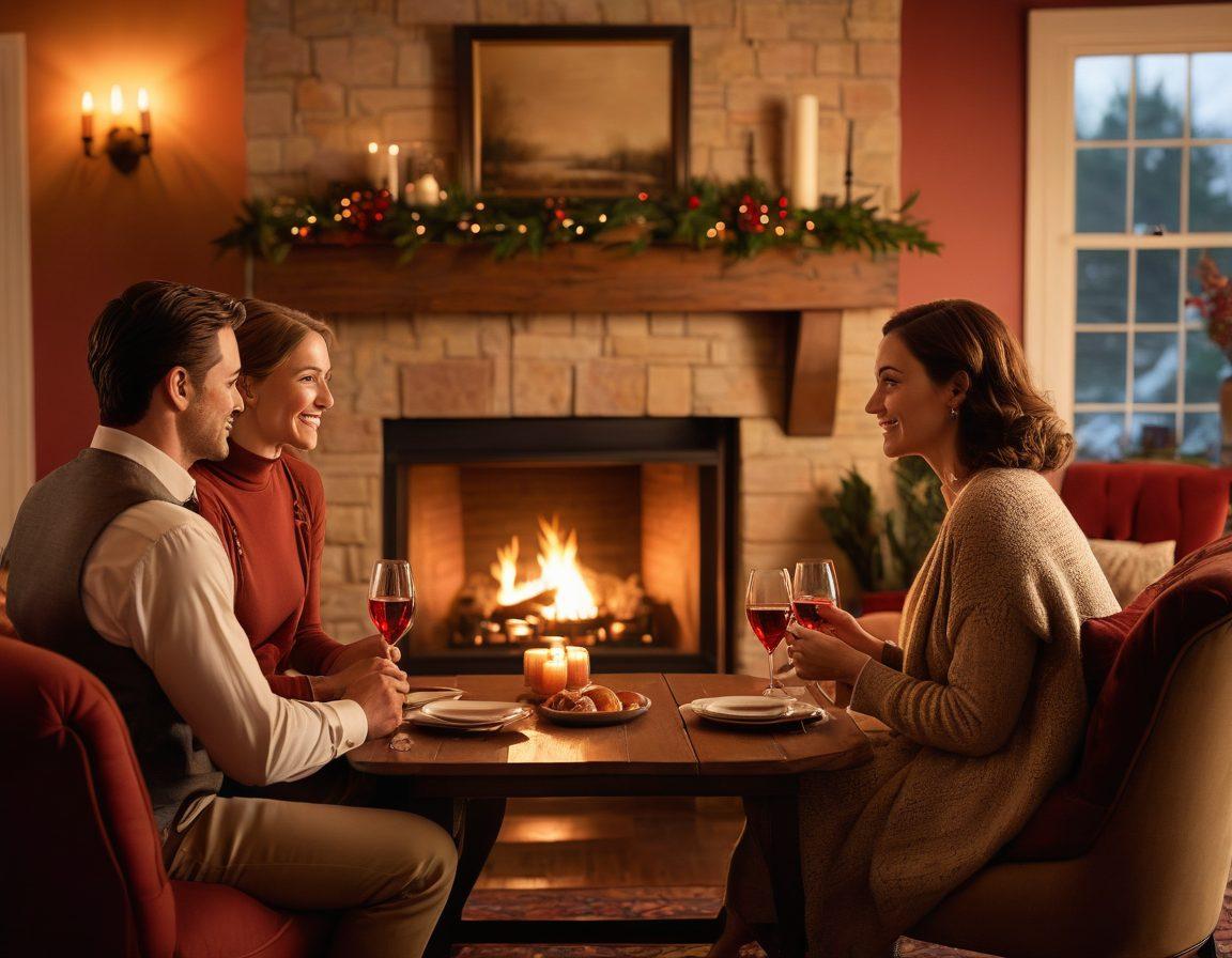 Two couples engaged in a warm and intimate gathering, showing trust and connection through meaningful eye contact and gentle touches, with a fireplace in the background to enhance a cozy and safe environment. The scene should reflect open communication and mutual respect among the partners. Use soft lighting and warm, inviting colors to evoke a sense of comfort and intimacy. super-realistic. vibrant colors. cozy atmosphere.