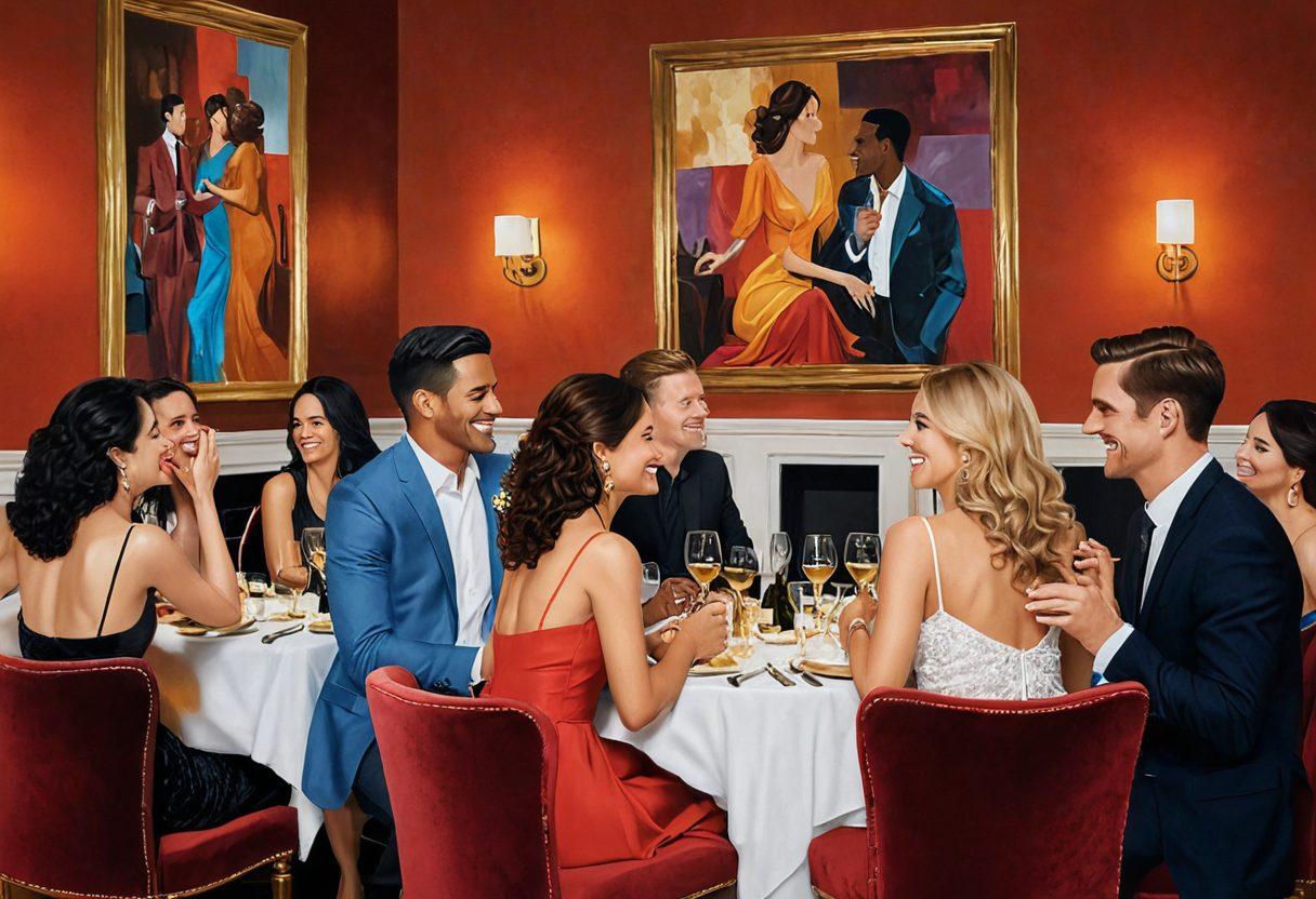 A dynamic and captivating scene of a vibrant social gathering, with couples of various backgrounds engaging in laughter and lively conversation. The atmosphere should be inviting and intimate, set against a backdrop of cozy, dim lighting and elegant decor. Include hints of flirtatious glances and subtle touches to capture the essence of connection and freedom within the swinger community. painting. warm, inviting colors. rich details.
