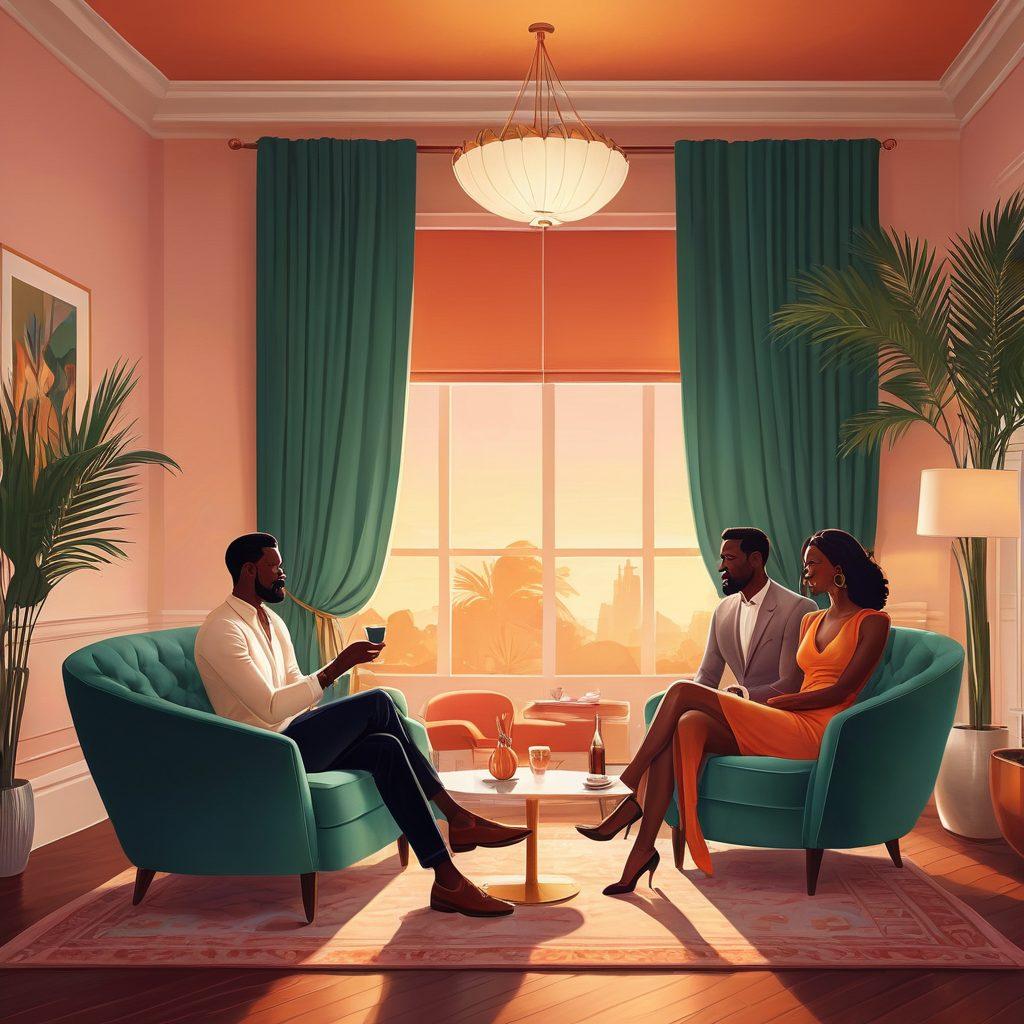 A tasteful and elegant illustration of diverse couples engaging in light-hearted conversation and interaction at a sophisticated social event. The setting should resemble a classy lounge with ambient lighting, plush furniture, and subtle hints of sensuality to reflect the open-minded theme. Ensure the atmosphere is inclusive and respectful, capturing a sense of adventure and mutual understanding. vector art. vibrant colors.